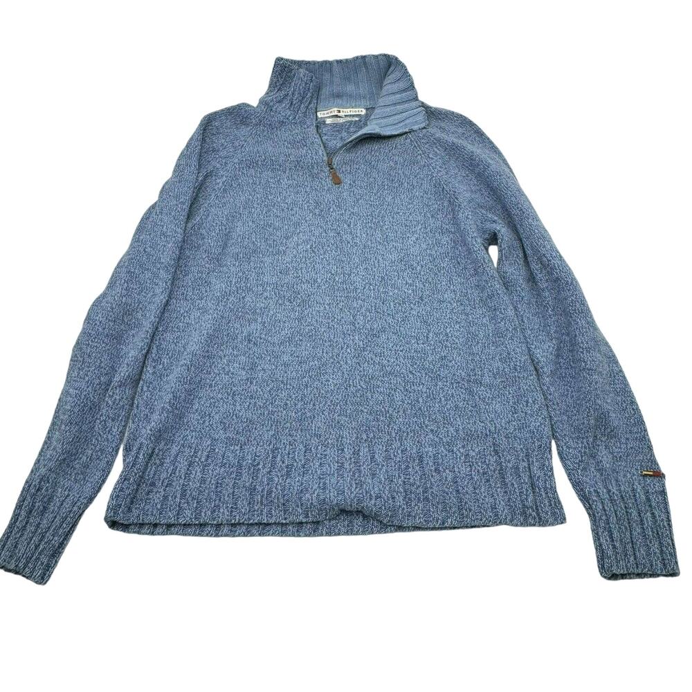 TOMMY HILFIGER Men's Large Light Blue Knit 1/4 Zip 100% Cotton Pullover‎ Sweater